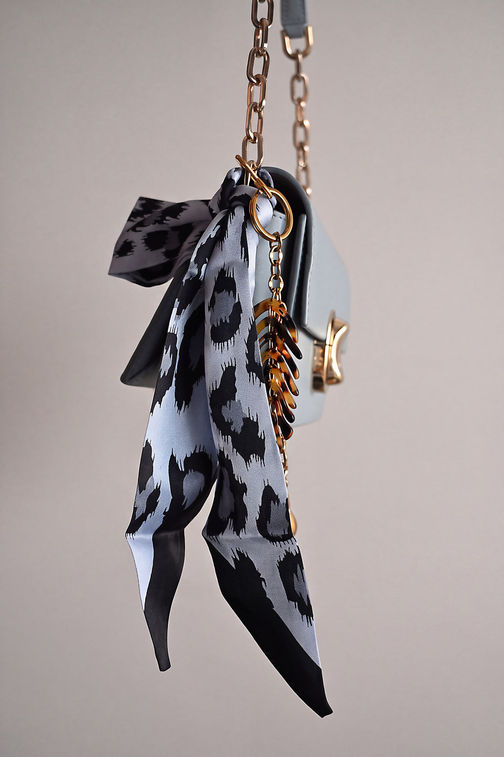 Blue Grey Leopard Bag Scarf Ribbon